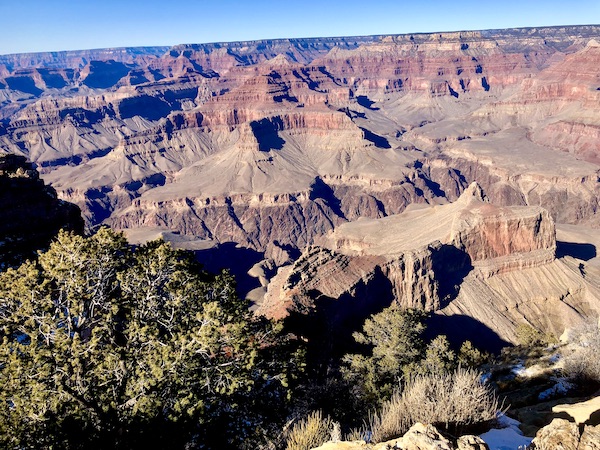 A view of the South Rim Grand Canyon Arizona with its many plateaus and ruffles of stone.
