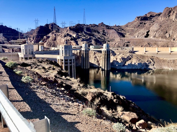 Mountains, water and Art Deco structures at Hoover Dam Lake Mead NV