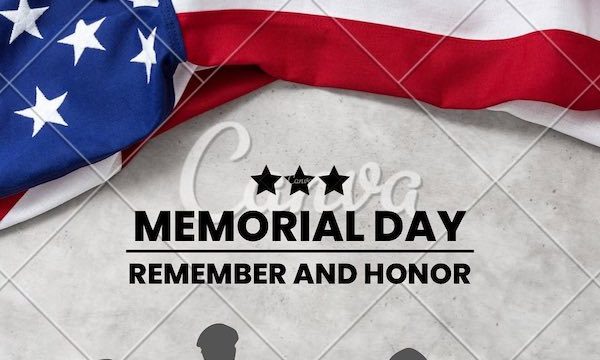 Partially visible American flag and silhouette of soldiers for Memorial Day 2022
