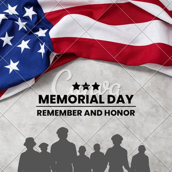 Partially visible American flag and silhouette of soldiers for Memorial Day 2022