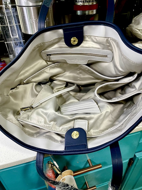 The inside of a light gray tote bag and one of my new warm weather favorites.