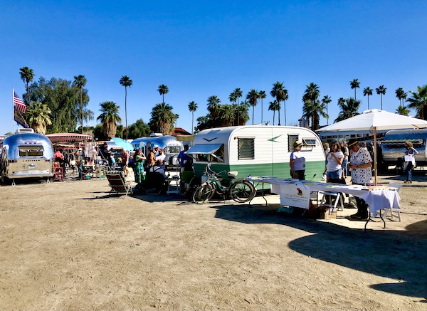 An assortment of vintage campers at the Palm Springs CA Vintage Trailer Show