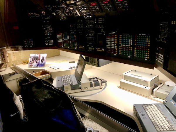 A press desk with computers aboard an airplane at the Ronald Reagan Presidential Library