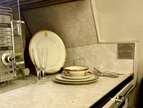 A counter and dishes on an airplane at the Ronald Reagan Presidential Library