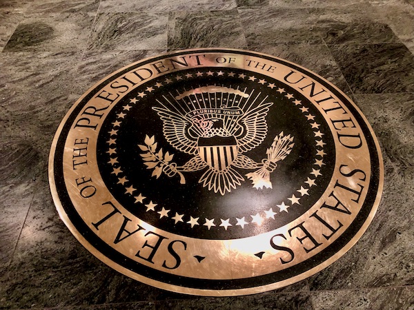 An insert in the floor of the Ronald Reagan Presidential Library depicting the Presidential Seal.