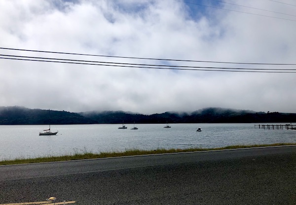 A lake with small boats and mountains with fog rolling in on our way home from Café Reyes Pizza
