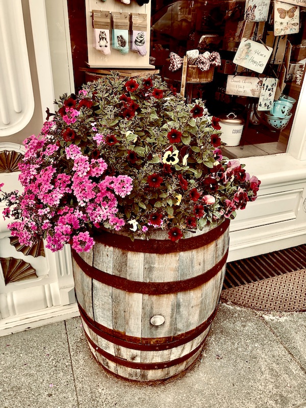 A wood barrel filled with pink and purple flowers in front of a store on the California Northern Coast Part II