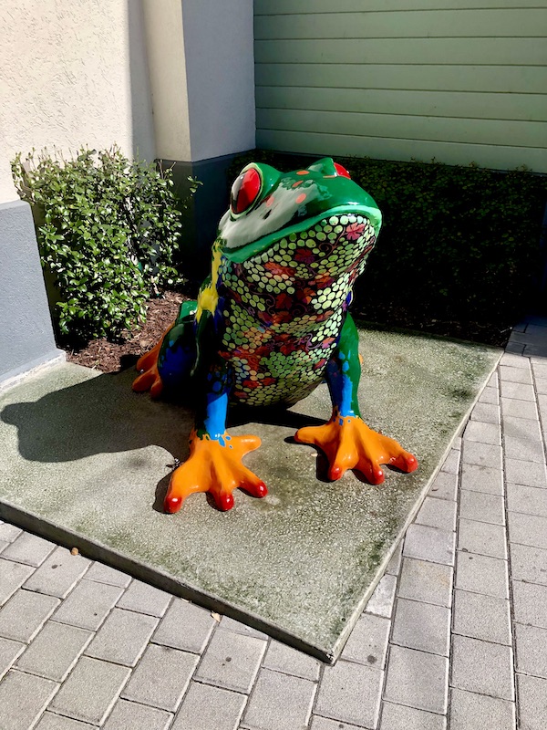 A large ceramic frog sculpture is multicolored and Fun in Downtown Napa CA