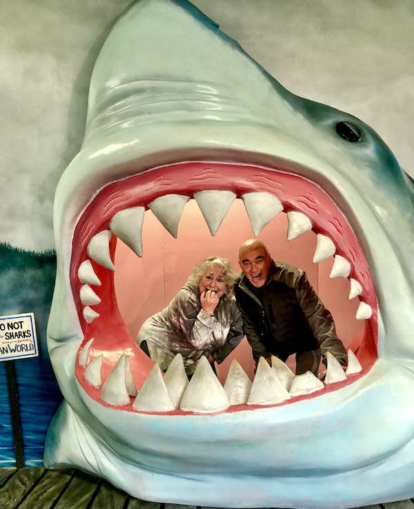 A shark sculpture with mouth open and a man and a woman standing in the mouth looking scared in Crescent City California