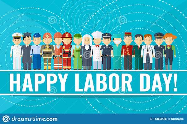 Turquoise background with people in all sorts of business attire wishing you a Happy Labor Day 2022