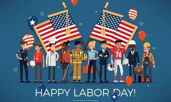A blue background with people representing different careers and two American flags for Happy Labor Day 2022