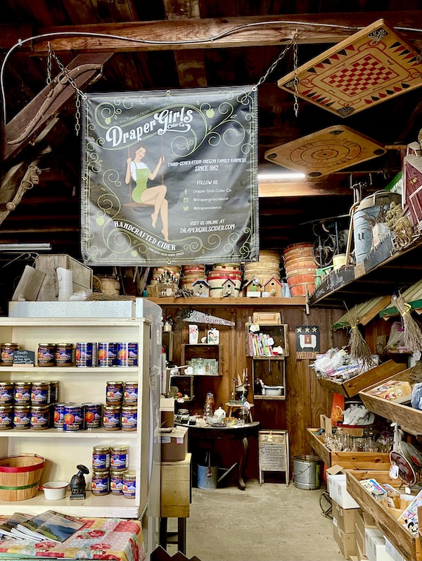 Inside a farm store with jars of jams on our way back from Mt. Hood Oregon