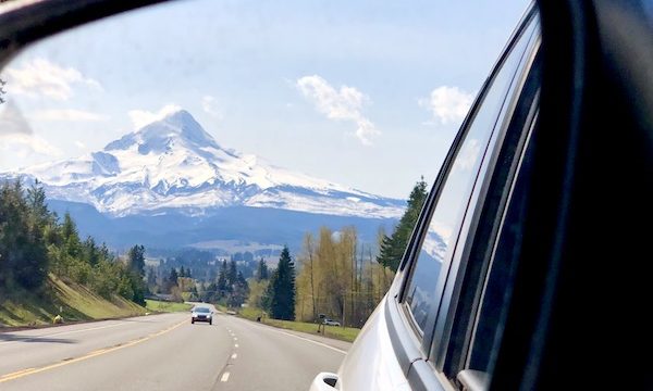 The reflection of Mt. Hood Oregon in our side view mirror.