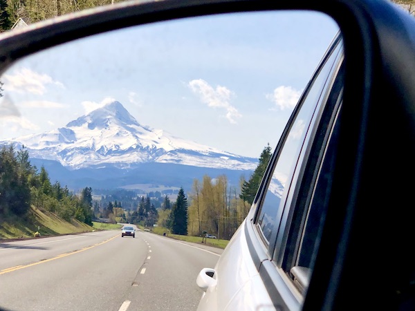 The reflection of Mt. Hood Oregon in our side view mirror.
