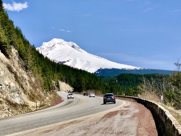 Highway, cars, mountains on the way to Mt. Hood Oregon