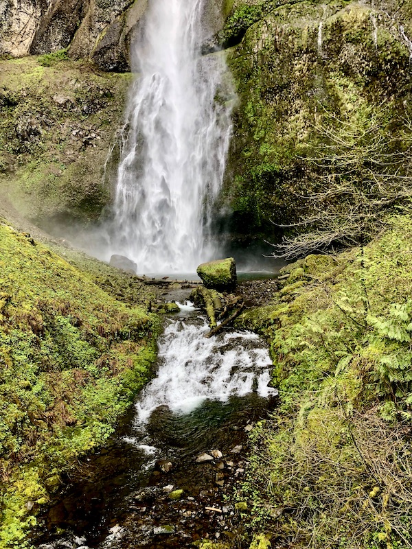 Waterfall splashing into a creek and then continues through moss covered rocks at Multnomah Falls Oregon