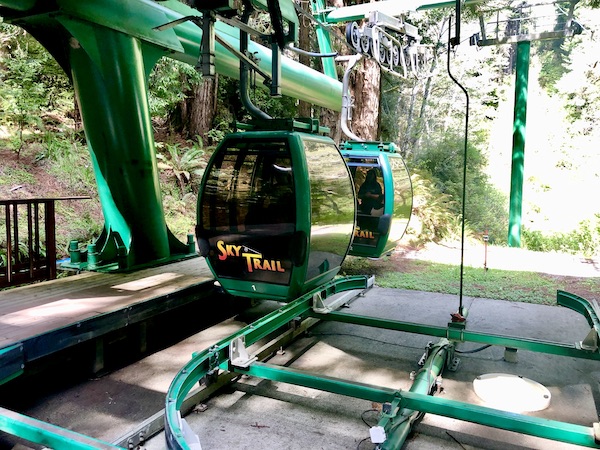 A large green gondola is similar to a ski lift at Trees of Mystery Klamath CA