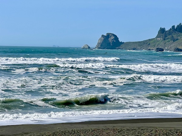 Beach, ocean with swirling foam and mountains in the distance.