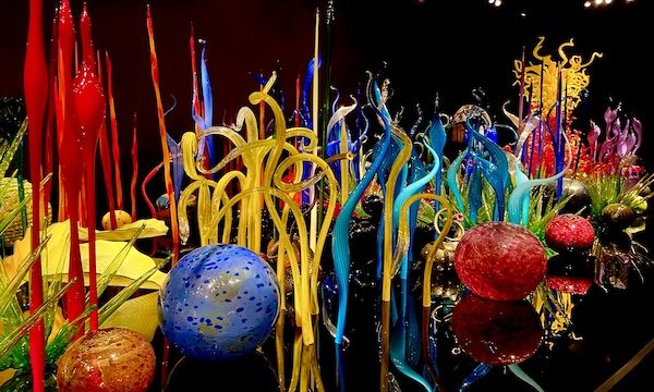 Vibrant multicolored glass sculpture at Chihuly Gardens Seattle WA