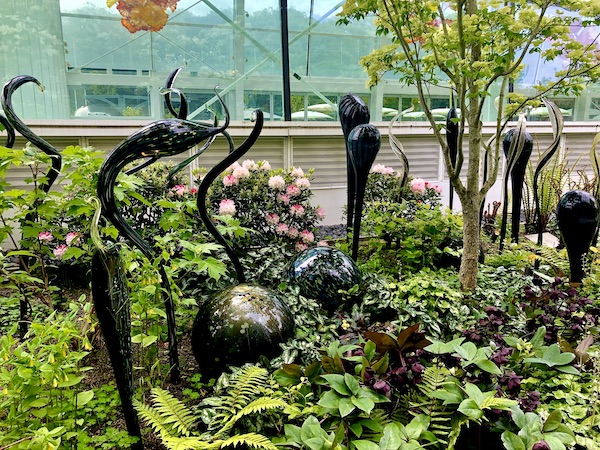 Black glass bird shapes rise above the plants in Chihuly Gardens Seattle WA