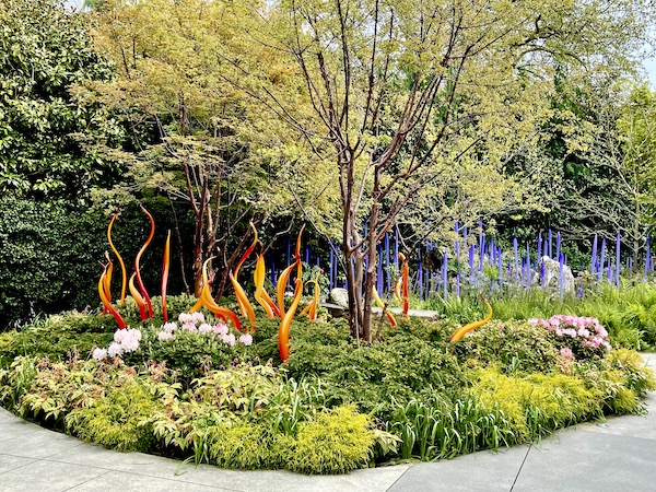 Orange glass pieces popping out of the ground at Chihuly Gardens Seattle WA