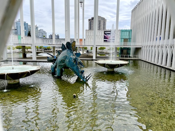 A dinosaur sculpture in the park near Chihuly Gardens Seattle WA