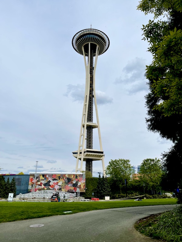 Buildings, trees and observation tower near Chihuly Gardens Seattle WA