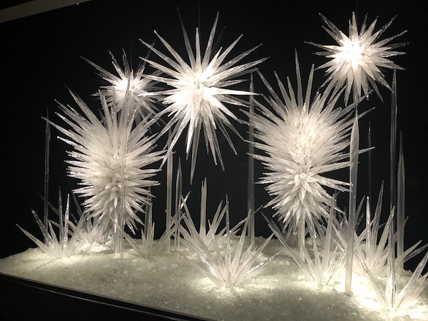 A series of white glass sculptures at the Chihuly Gardens Seattle WA