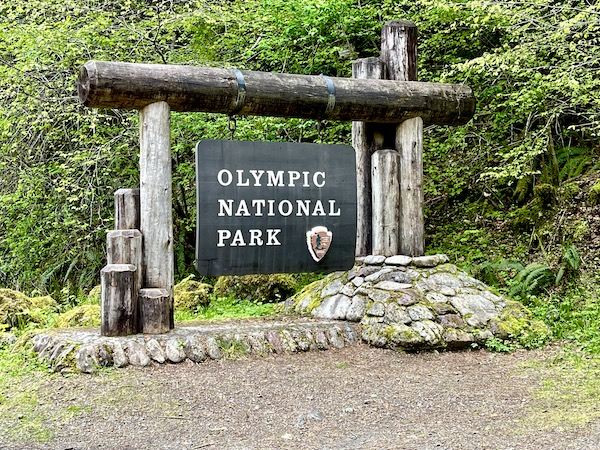 Large sign at entry to Olympic National Park in the Olympic Peninsula Washington
