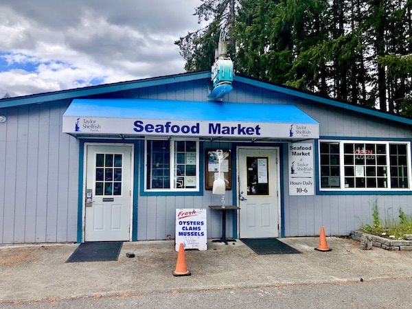 Small white building of Taylor Seafood Market in Olympic Peninsula Washington