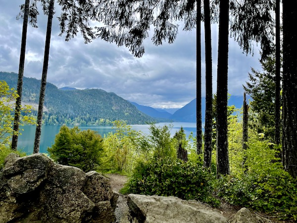 Lake, mountains, trees and rocks in Olympic Peninsula Washington
