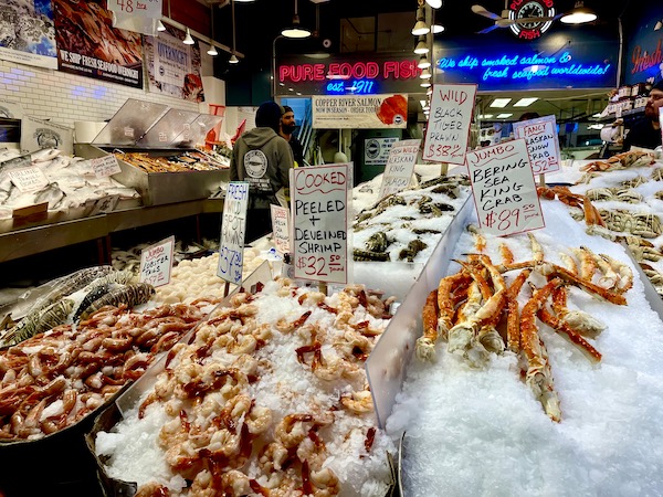 Assorted shellfish on ice at Pike Place Market Seattle WA