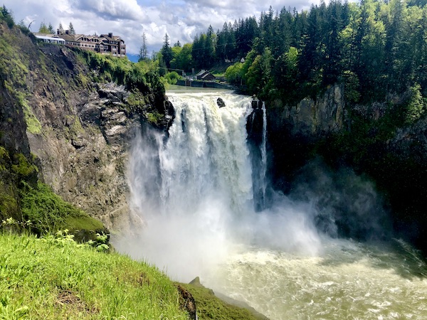 Trees, bushes and powerful Snoqualmie Falls Washington