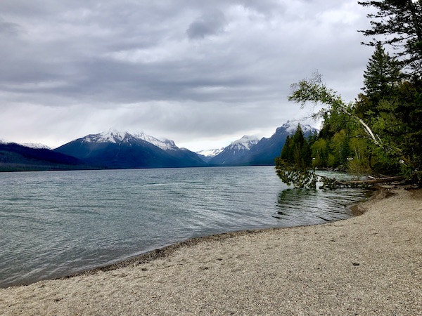 Gravel beach, mountain lake and snow capped mountain range in Glacier National Park Montana