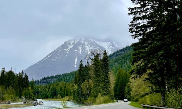 A snow capped mountain, lake and trees in Glacier National Park Montana