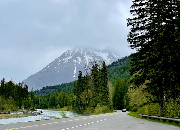 A snow capped mountain, lake and trees in Glacier National Park Montana