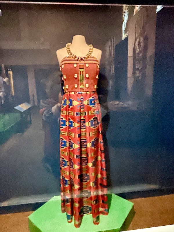 Red print strapless dress with animal tooth necklace at the Museum of the Rockies Bozeman MT