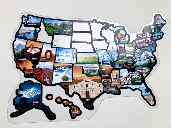 An RV with a map of the USA showing all of the states we've stayed in.