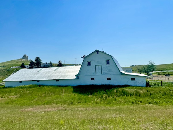 White barn in a grassy pasture in Bar Nunn Wyoming