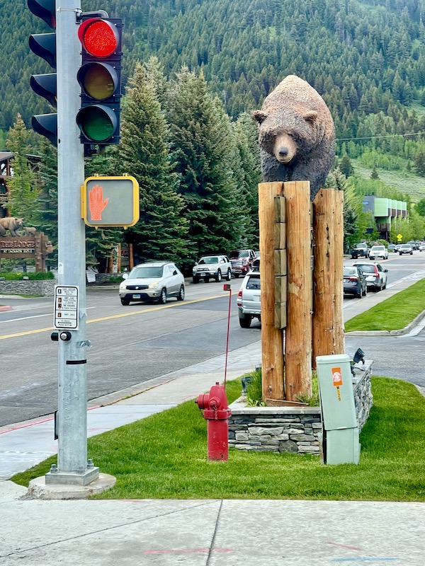 From the Teton Mountain Range Wyoming to Jackson and a welcoming bear statue high on wood posts.