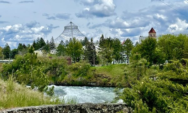 Downtown and park area seen from the bridge crossing the Spokane River while Visiting Spokane Washington