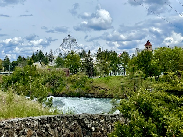 Downtown and park area seen from the bridge crossing the Spokane River while Visiting Spokane Washington