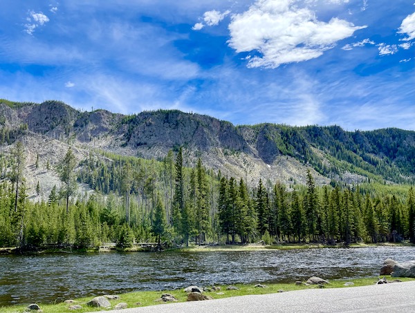 Mountains, trees and river in Yellowstone National Park Wyoming
