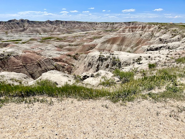 Striated rock formations and valleys at Badlands National Park SD