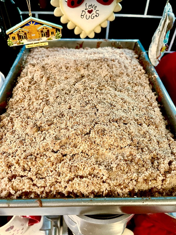 Cinnamon Streusel Cake in a baking pan for dessert on our Happy Thanksgiving 2022!