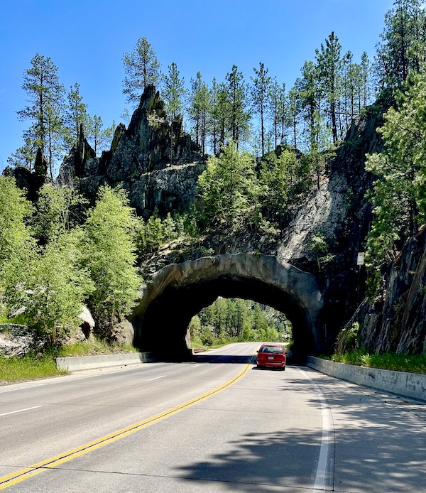 Tunnel through the very pointy mountains and large tree in foreground