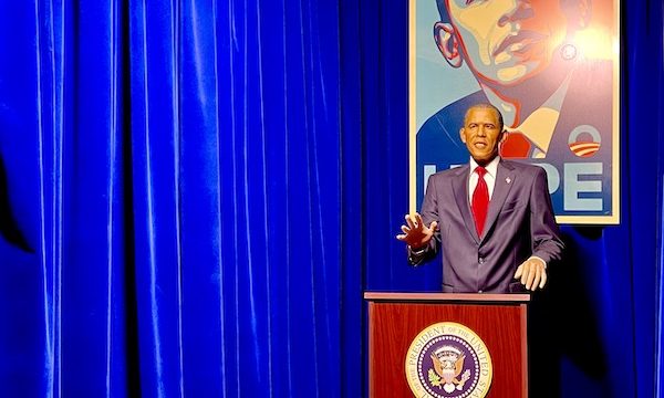 Wax figure of Barack Obama at the podium in the National Presidential Wax Museum Keystone SD