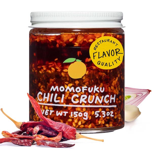 White capped glass jar filled with chili crunch, part of my 2022 Holiday Gift Guide
