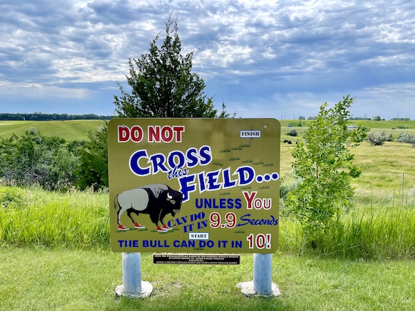 A sign warning not to cross a field because bison are faster than you in Jamestown ND