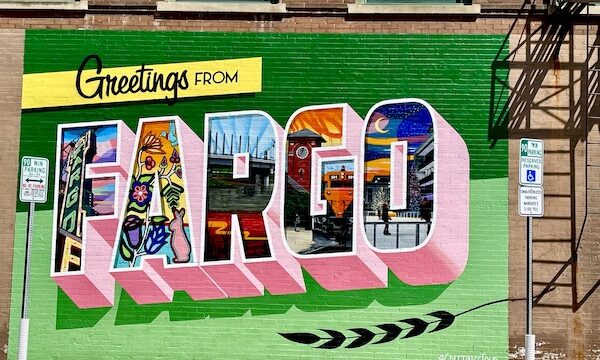 Mural of a postcard welcoming you to Fargo